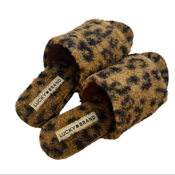 Lucky Brand leopard Fleece Slipper Sandals Sz 6.5M - Picture 3 of 6